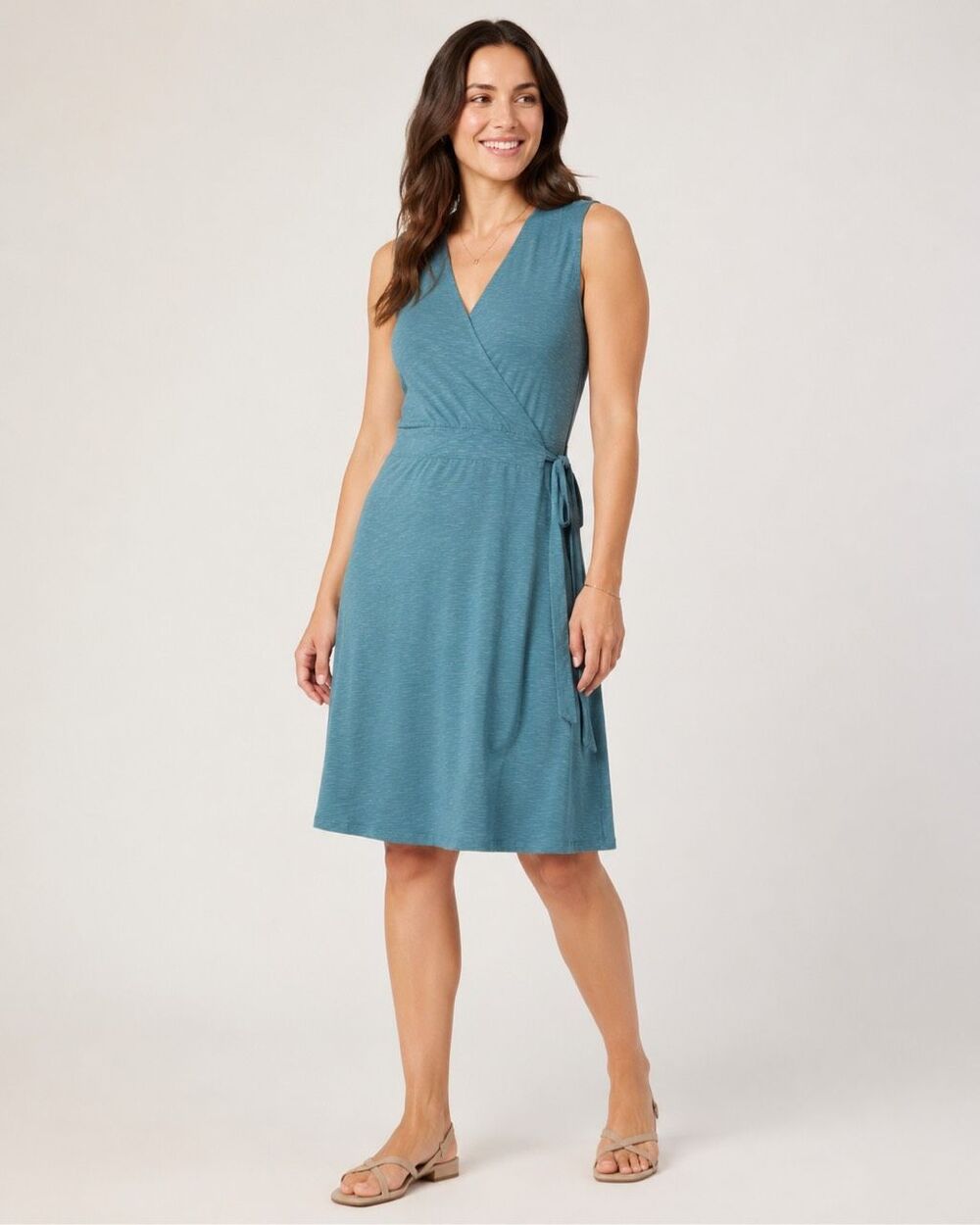 Toad&Co Cue Sleeveless Wrap Dress Large Teal Tencel Organic Cotton Tie Waist #19